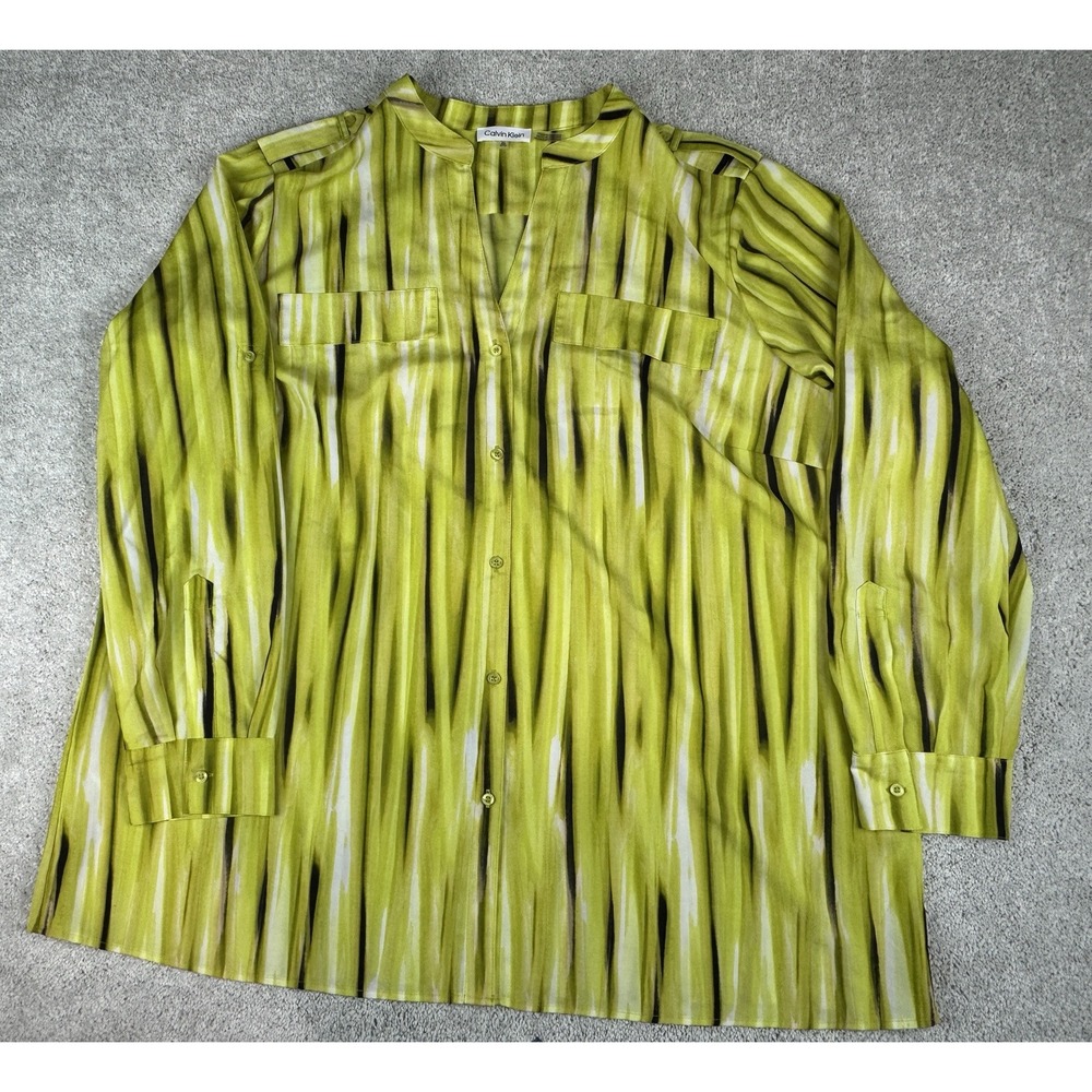 Calvin Klein Womens Shirt Yellow Brown Adjustable Sleeve Button Top Blouse 2X